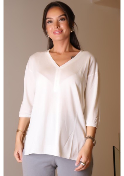 V Yaka Yarım Kollu Ekru Kadın Triko 705-2K5