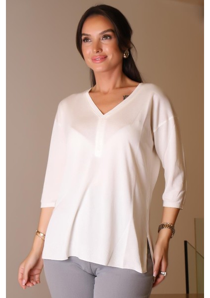 V Yaka Yarım Kollu Ekru Kadın Triko 705-2K5 fiyatları