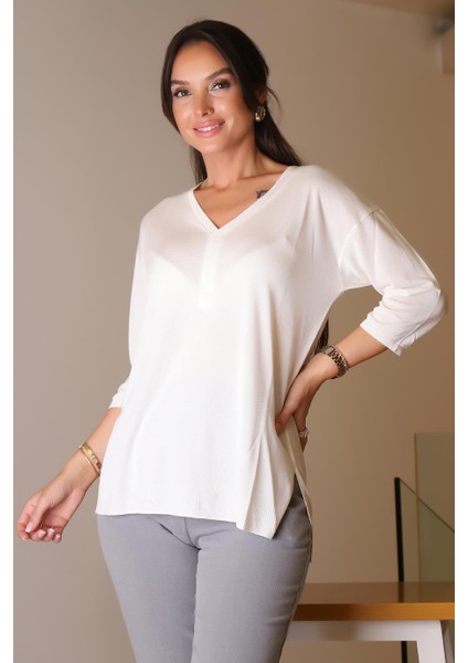 V Yaka Yarım Kollu Ekru Kadın Triko 705-2K5 modelleri