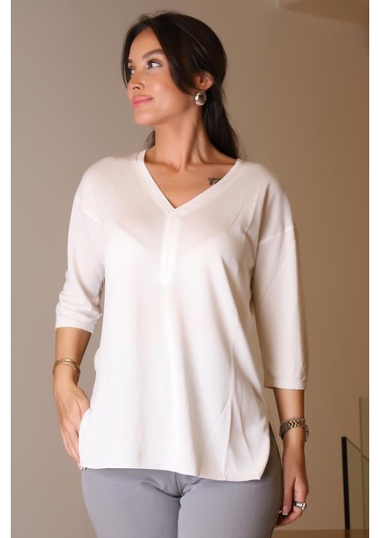 V Yaka Yarım Kollu Ekru Kadın Triko 705-2K5 fırsatları
