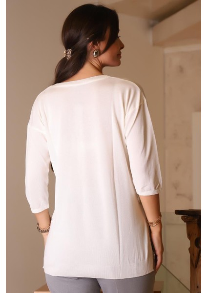 V Yaka Yarım Kollu Ekru Kadın Triko 705-2K5 indirimleri