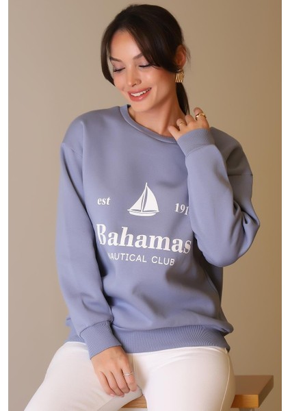 Bisiklet Yaka Mavi Kadın Sweatshirt W0011203-2K5 fırsatları