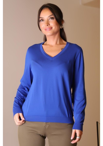 V Yaka Uzun Kollu Ekru Kadın Triko Kazak 832-2K5