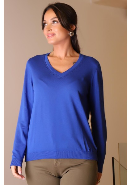 V Yaka Uzun Kollu Ekru Kadın Triko Kazak 832-2K5 fiyatları