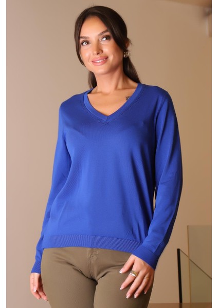 V Yaka Uzun Kollu Ekru Kadın Triko Kazak 832-2K5 modelleri