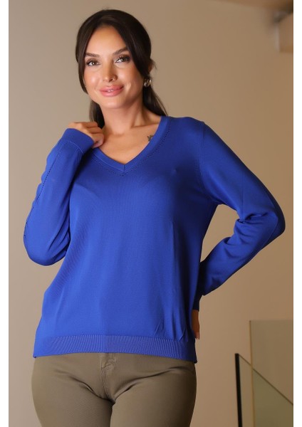 V Yaka Uzun Kollu Ekru Kadın Triko Kazak 832-2K5 fırsatları