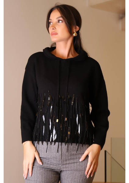 Kapüşonlu Boncuk Işlemeli Siyah Kadın Kazak 120-2K5 fiyatları