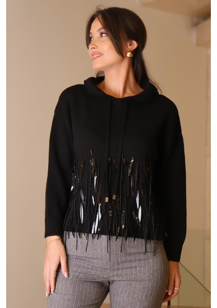 Kapüşonlu Boncuk Işlemeli Siyah Kadın Kazak 120-2K5 modelleri