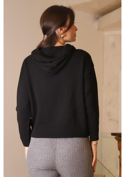 Kapüşonlu Boncuk Işlemeli Siyah Kadın Kazak 120-2K5 indirimleri