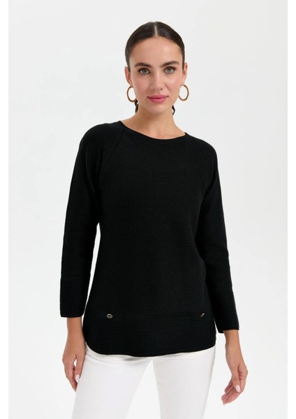 Sıfır Yaka Dikişsiz Siyah Kadın Kazak 24189-2K5