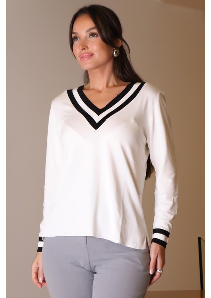 V Yaka Yakası Çizgili Ekru Kadın Kazak 903 A-2k5 fiyatları