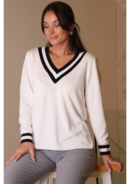 V Yaka Yakası Çizgili Ekru Kadın Kazak 903 A-2k5 modelleri