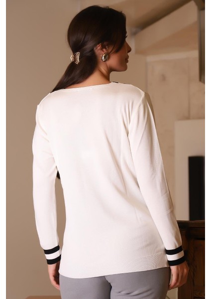 V Yaka Yakası Çizgili Ekru Kadın Kazak 903 A-2k5 fırsatları