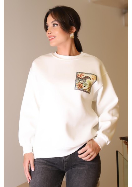 Zebra Baskılı Taşlı Ekru Kadın Sweatshirt 5590-2K5 fiyatları