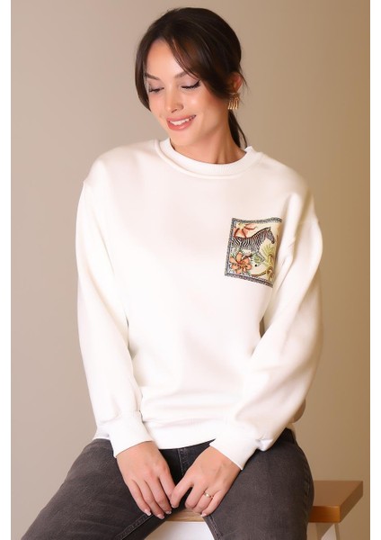 Zebra Baskılı Taşlı Ekru Kadın Sweatshirt 5590-2K5 fırsatları