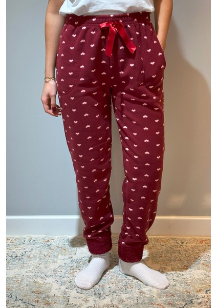 Kadın Polar Manşetli Pijama Tek Alt Kalp 130 Bordo