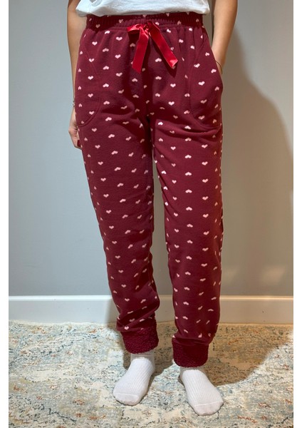 Kadın Polar Manşetli Pijama Tek Alt Kalp 130 Bordo