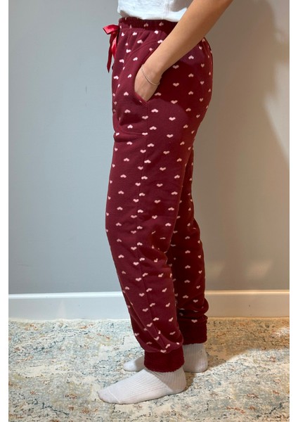 Kadın Polar Manşetli Pijama Tek Alt Kalp 130 Bordo