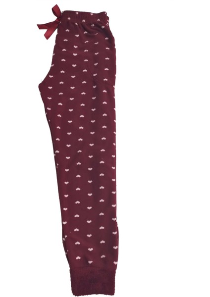 Kadın Polar Manşetli Pijama Tek Alt Kalp 130 Bordo