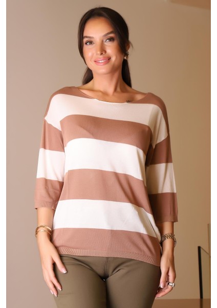 Sıfır Yaka Yarım Kollu Kahve Kadın Triko 184-2K5