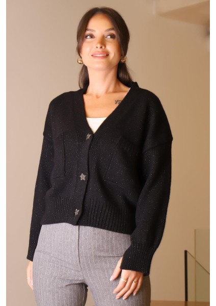 Yıldız Düğmeli Siyah Kadın Hırka 091-2K5