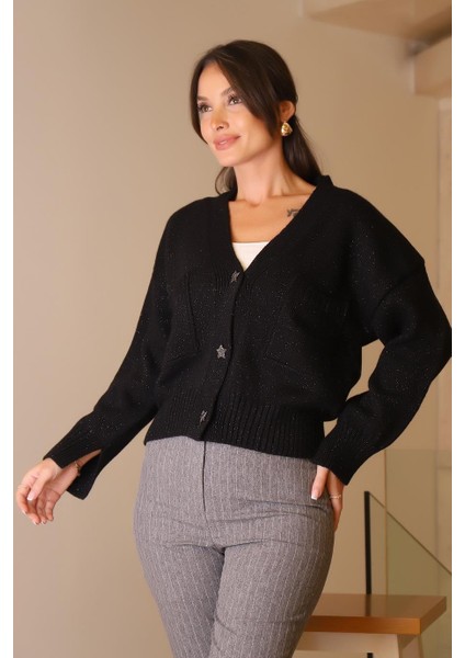 Yıldız Düğmeli Siyah Kadın Hırka 091-2K5 fiyatları