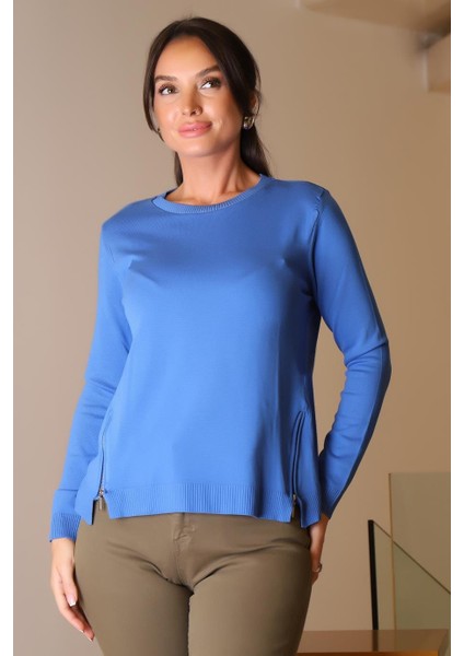 Fermuar Detaylı Indigo Kadın Triko Kazak 296-2K5