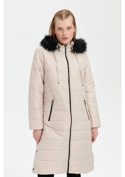 Kapüşonlu Kürklü Uzun Bej Kadın Mont 23404-2K5 fiyatları