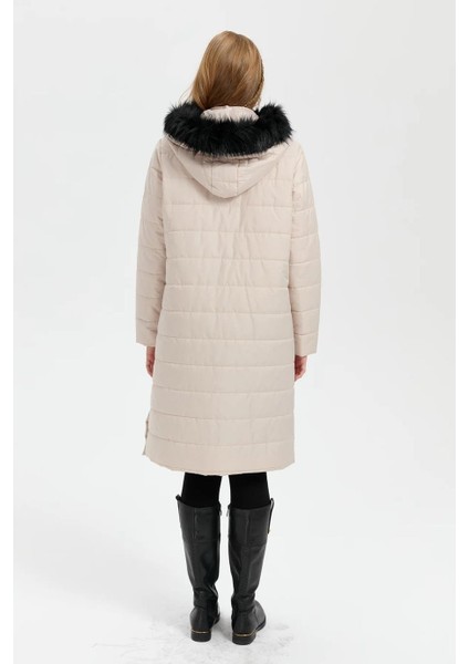 Kapüşonlu Kürklü Uzun Bej Kadın Mont 23404-2K5 fırsatları