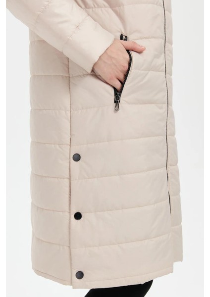 Kapüşonlu Kürklü Uzun Bej Kadın Mont 23404-2K5 indirimleri