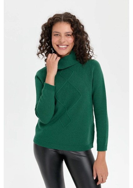 Degaje Yaka Örgü Yeşil Kadın Kazak 24200-DY-2K5