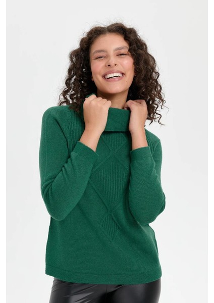 Degaje Yaka Örgü Yeşil Kadın Kazak 24200-DY-2K5 fırsatları