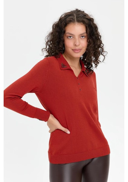 Polo Yaka Işlemeli Kiremit Kadın Bluz 24092-PY-2K5
