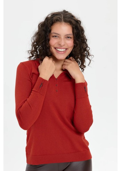 Polo Yaka Işlemeli Kiremit Kadın Bluz 24092-PY-2K5