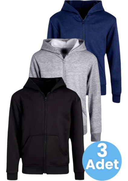 Çocuk Unisex Pamuklu Kapüşonlu Fermuarlı Sweatshirt 3'lü Set