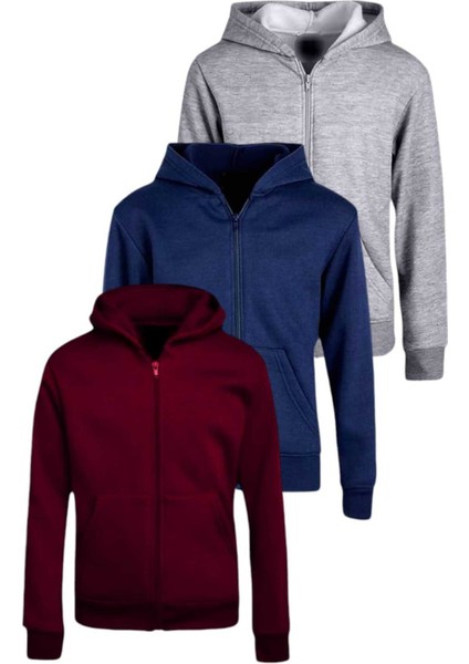 Çocuk Unisex Pamuklu Kapüşonlu Fermuarlı Sweatshirt 3'lü Set fiyatları