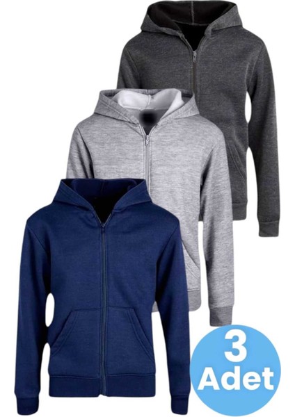 Çocuk Unisex Pamuklu Kapüşonlu Fermuarlı Sweatshirt 3'lü Set