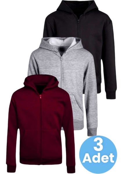 Çocuk Unisex Pamuklu Kapüşonlu Fermuarlı Sweatshirt 3'lü Set