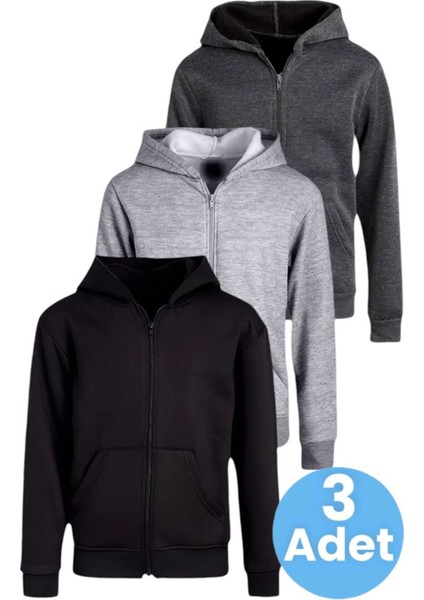 Çocuk Unisex Pamuklu Kapüşonlu Fermuarlı Sweatshirt 3'lü Set