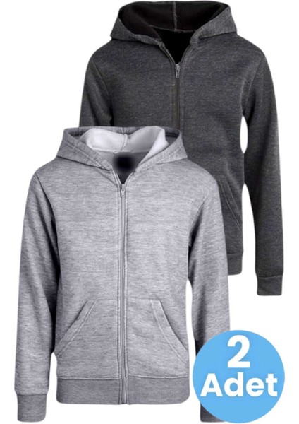 Çocuk Unisex Pamuklu Kapüşonlu Fermuarlı Sweatshirt 2'li Set