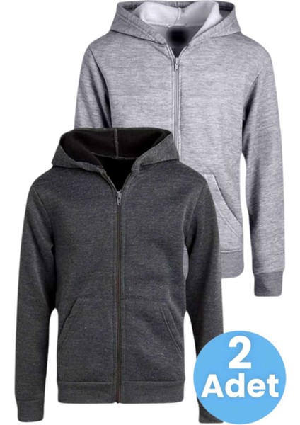Çocuk Unisex Pamuklu Kapüşonlu Fermuarlı Sweatshirt 2'li Set