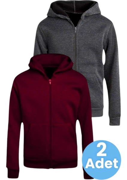 Çocuk Unisex Pamuklu Kapüşonlu Fermuarlı Sweatshirt 2'li Set