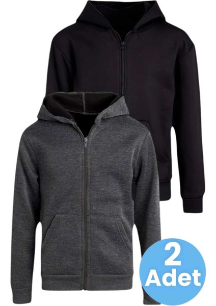 Çocuk Unisex Pamuklu Kapüşonlu Fermuarlı Sweatshirt 2'li Set