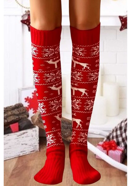 Kadın Yeni Yıl Temalı Kar Tanesi Desenli Diz Üstü Çorap 2'li Set fiyatları