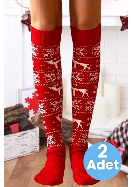 Kadın Yeni Yıl Temalı Kar Tanesi Desenli Diz Üstü Çorap 2'li Set fırsatları