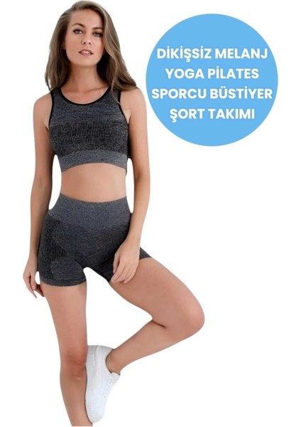 Kadın Dikişsiz Melanjlı Fitness Yoga Pilates Sporcu Büstiyer Şort Takımı