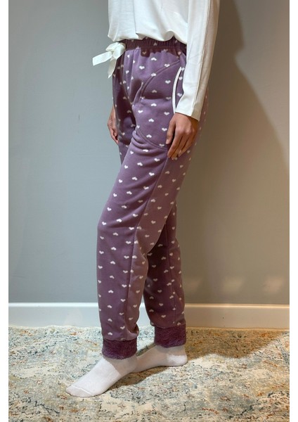 Kadın Polar Manşetli Pijama Tek Alt Kalp 130 Lila