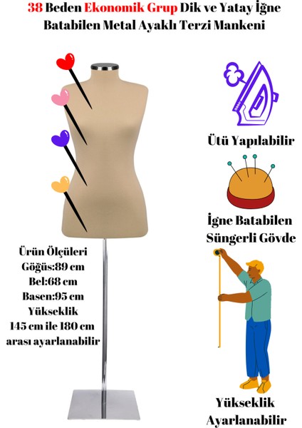 Ekonomik 36-46 Beden Arası Dik ve Yatay Iğne Batabilen Sünger Metal Ayaklı Terzi Mankeni E2