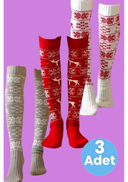 Kadın 3 Renkli Yeni Yıl Temalı Kar Tanesi Desenli Diz Üstü Çorap