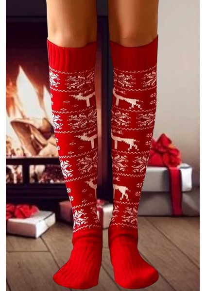 Kadın 3 Renkli Yeni Yıl Temalı Kar Tanesi Desenli Diz Üstü Çorap fırsatları